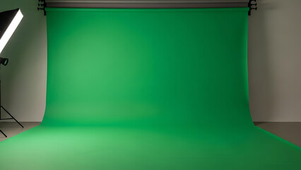 Professional green screen studio backdrop with soft lighting and studio equipment for photography and video production