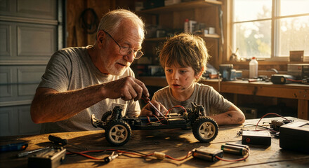 grandfather and his grandson are repairing a radio-controlled car.