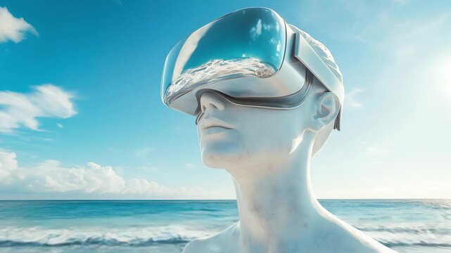 A figure wearing virtual reality goggles stands on a beach facing the ocean under a blue sky with clouds