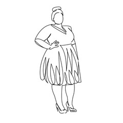 One continuous single drawing line art doodle female, size, plus, fat, young, girl, model, fashion, overweight, beautiful, sexy, bodypositive. Isolated flat illustration hand draw contour on a white b