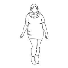One continuous single drawing line art doodle female, size, plus, fat, young, girl, model, fashion, overweight, beautiful, sexy, bodypositive. Isolated flat illustration hand draw contour on a white b