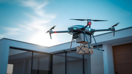 Drone delivering package to modern building with bright sky