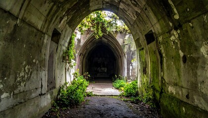Fototapeta premium Tunnel of concrete and stone lined with vines and plants leading into the dark