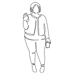 One continuous single drawing line art doodle bodypositive, fat, woman, female, girl, food, drink, eat, meal, obese, bodypositive. Isolated flat illustration hand draw contour on a white background
