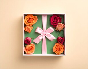 Roses, ribbon, bow in white square box, pastel backdrop