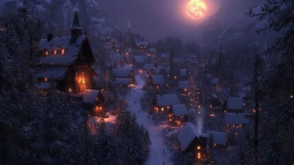 Idyllic snowy village at night with illuminated cabins and full moon in winter landscape. Merry Christmas. Happy New Year - Powered by Adobe