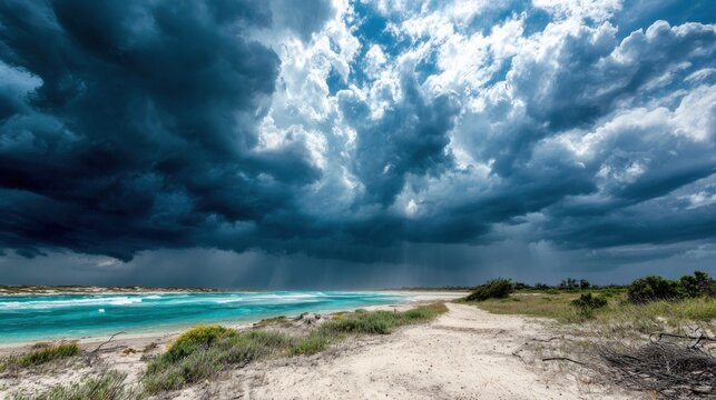 Dramatic dark storm clouds loom over a rugged coastal landscape with turquoise water. - Powered by Adobe
