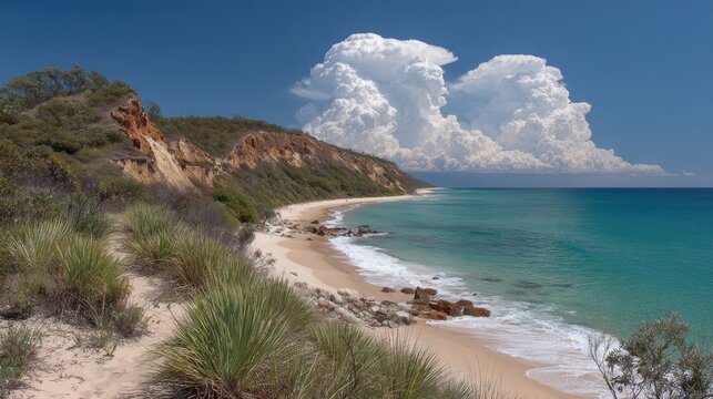 Coastal landscape features steep vegetated bluffs overlooking turquoise ocean water under dramatic cloud formations