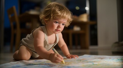 A toddler gripping a crayon with a proud, messy fist, scribbling vivid lines across a giant mural taped to the floor while music plays softly in the background — expressive art play, sensory