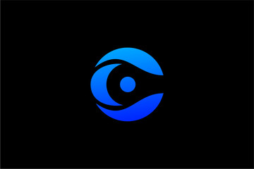 Abstract Blue Circle Logo with Eye-like Design on Black Background.