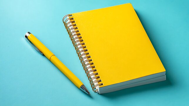 Blank spiral notebook with yellow cover and matching yellow pen on turquoise background, ready for creative ideas and notes.