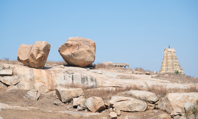 Hampi, Virupaksha temple and huge boulders, hinduism culture and religion, India, Vijayanagara Empire civilization in rocky terraine