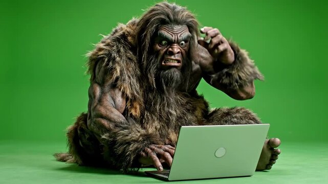 Bigfoot Hairy Creature Using Laptop on Green Screen Background