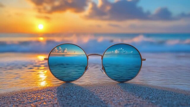 Sunset reflected in sunglasses on sandy beach with ocean waves