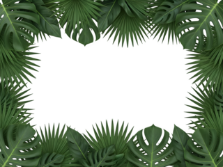 Tropical green foliage frame with lush monstera and palm leaves, for modern natural design and decorative compositions. Isolated on white or transparent background. PNG format.