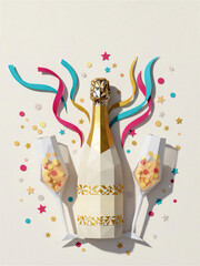 Paper art champagne bottle with two glasses and pink blue confetti. Elegant celebration concept in white and gold colors. Festive flat lay composition for holiday or wedding toast.