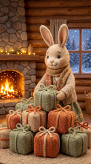 Sweet knitted white rabbit toy in green sweater sitting with stack of colorful wrapped gift boxes near fireplace in warm cozy interior. Festive holiday heart warming illustration.
