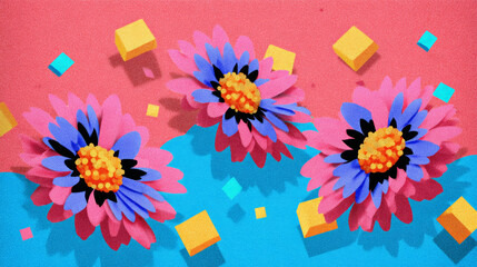 Three colorful flowers and geometric blocks