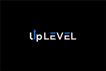Up Level Logo Design with Arrow and Blue Accents on Black Background.