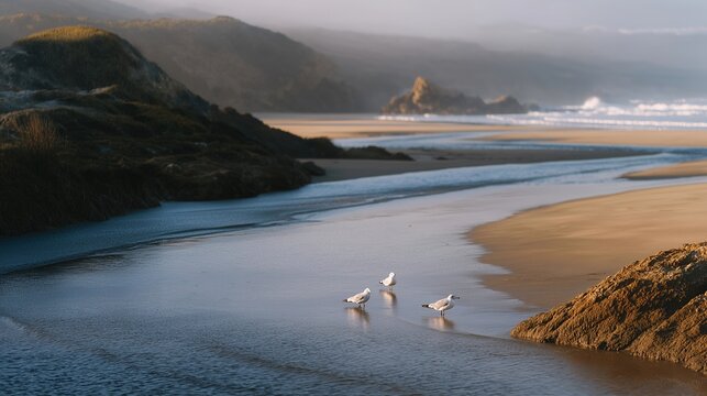 A windswept beach at low tide with seagulls struggling against the current, sand trails carving patterns across the wet shoreline &mdash; coastal drama, ocean atmosphere, and wild nature energy.