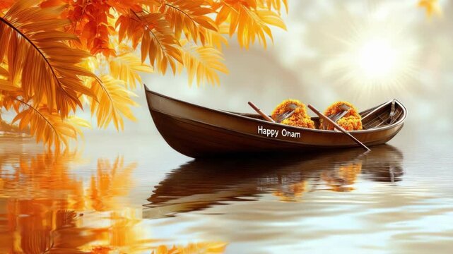 Traditional boat with floral decorations for onam festival on serene water. Onam Festival, Kerala Harvest Festival, Thiruvonam - Traditional South Indian Cultural Celebration, Malayalam New Year