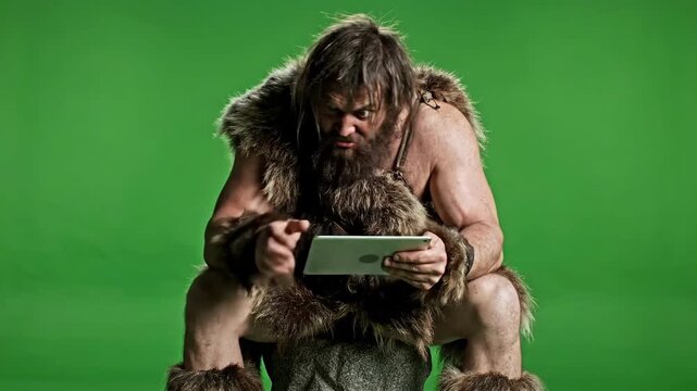 Primitive Caveman Discovers Technology Digital Tablet Green Screen