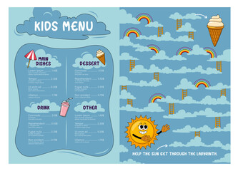 Children's Menu with Summer Kids Maze Board Game. Cute Cartoon Illustration with cloud in sky for Children's Cafe, Fun Educational Path Puzzle, Family Holiday Activity Template