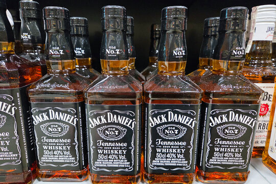 Wroclaw, Poland, July 15, 2025: Collection of Jack Daniel's Tennessee Whiskey Bottles on Display for Retail Beverage Shopping