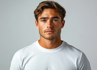 Fototapeta premium Portrait of a young man in a white t-shirt with a neutral expression on a gray background, natural lighting, close-up