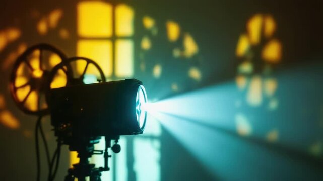 Vintage film projector casting colorful light and shadows in dark room