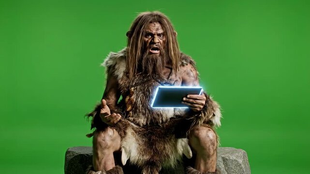 Caveman uses tablet computer on Green screen background