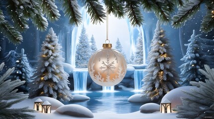 &ldquo;Magical Christmas Ornament with Glowing Crystal Trees and Miniature Waterfalls on Snowy Pine Branch&rdquo;