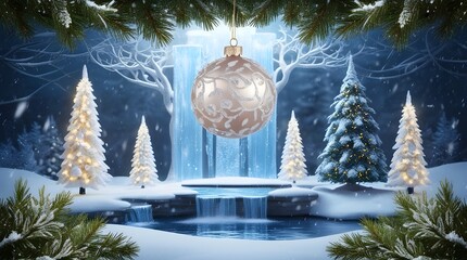 &ldquo;Magical Christmas Ornament with Glowing Crystal Trees and Miniature Waterfalls on Snowy Pine Branch&rdquo;