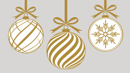 Vector Christmas card showing Christmas ornaments decorated with shiny gold ribbon bows.
