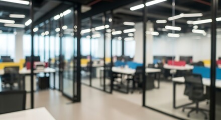 Blurred office interior with glass walls and colorful workstations, creating a modern and collaborative workspace environment for employees