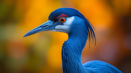 Fototapeta premium Close up portrait of blue crowned crane bird with vibrant blue feathers and distinctive red eye against blurred orange background wildlife photography