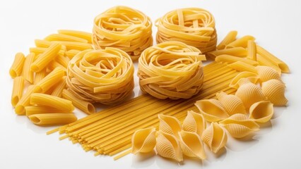 Assorted dry pasta varieties penne, spaghetti, shells, and tagliatelle nests