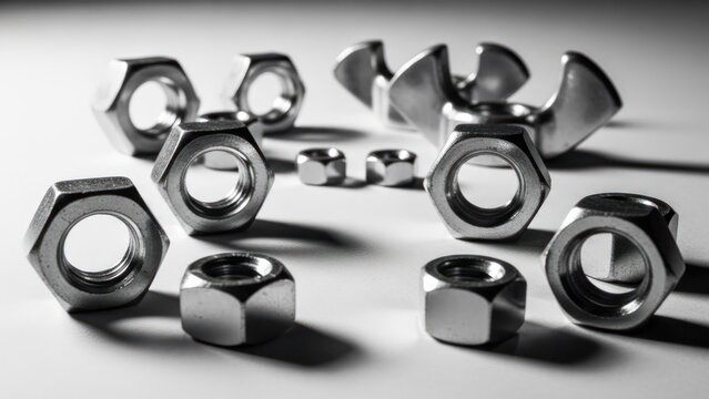 Assorted metal nuts and wingnuts scattered in grayscale on a plain surface - Powered by Adobe