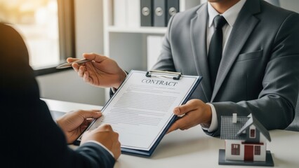 Agent presenting contract, ready to sign; miniature house on desk