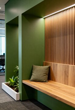 Cozy Green Office Nook with Wood Slat Wall and Bench Seating