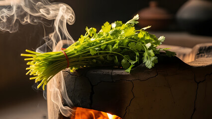 fresh herbs parsley isolated,  coriander leaves, on a wooden table