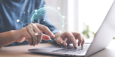 Digital Explorer's Journey: A person's fingers dance across a laptop keyboard, seamlessly navigating the digital realm, as a globe of interconnected nodes and lines hovers.