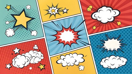 Comic book pop art explosion sound effects and speech bubbles set