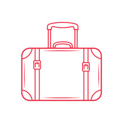 Red outline of a vintage suitcase with a retractable handle and buckles luggage travel