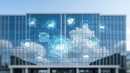 Building reflects data graphs, overlaid icons, charts, business metrics concept