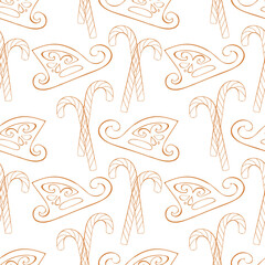 Christmas sleigh and candy canes, hand drawn golden outline on white background, New Year pattern.