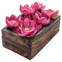 Wooden Box Full Of Lotus Blossom isolated background