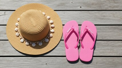 Beach hat & pink flip-flops sit on weathered gray wooden planks in bright sunlight
