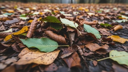 Close-up of fallen autumn leaves in shades of brown, green and yellow