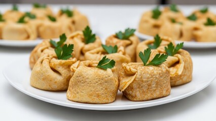 Folded pancakes with parsley garnish, arranged on a white plate, shallow depth of field